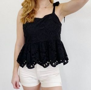 J. Crew Black Tie Shoulder Eyelet Top